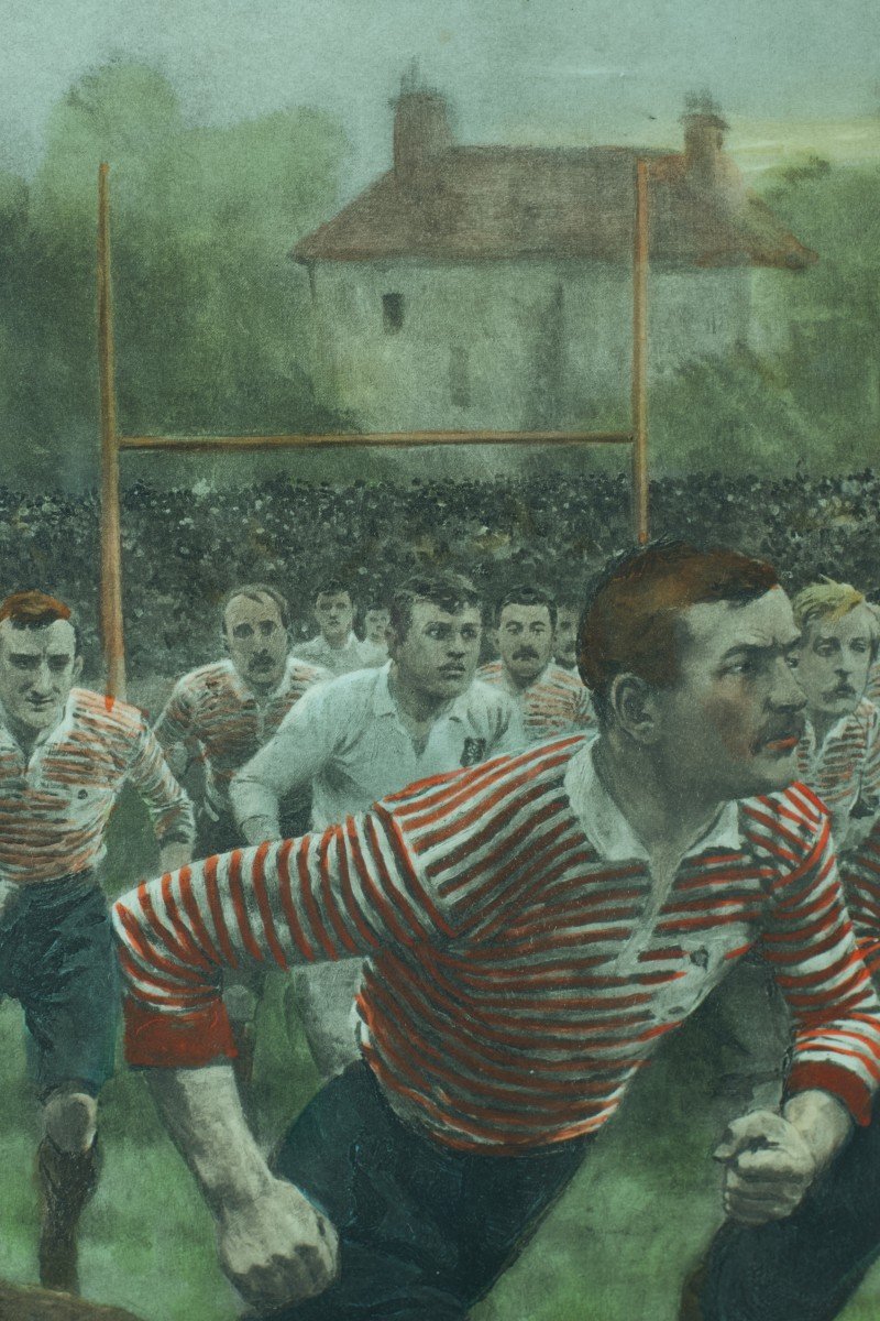Ancienne Lithographie Sport Equipe Match Rugby Stade Rwc 23 A Rugby Match Wollen William Barnes-photo-2