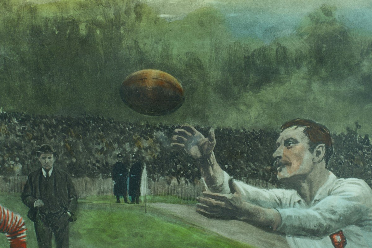 Ancienne Lithographie Sport Equipe Match Rugby Stade Rwc 23 A Rugby Match Wollen William Barnes-photo-3