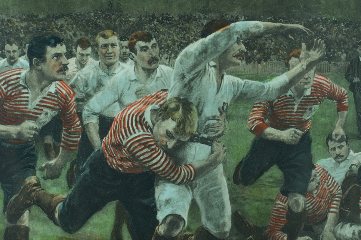 Ancienne Lithographie Sport Equipe Match Rugby Stade Rwc 23 A Rugby Match Wollen William Barnes