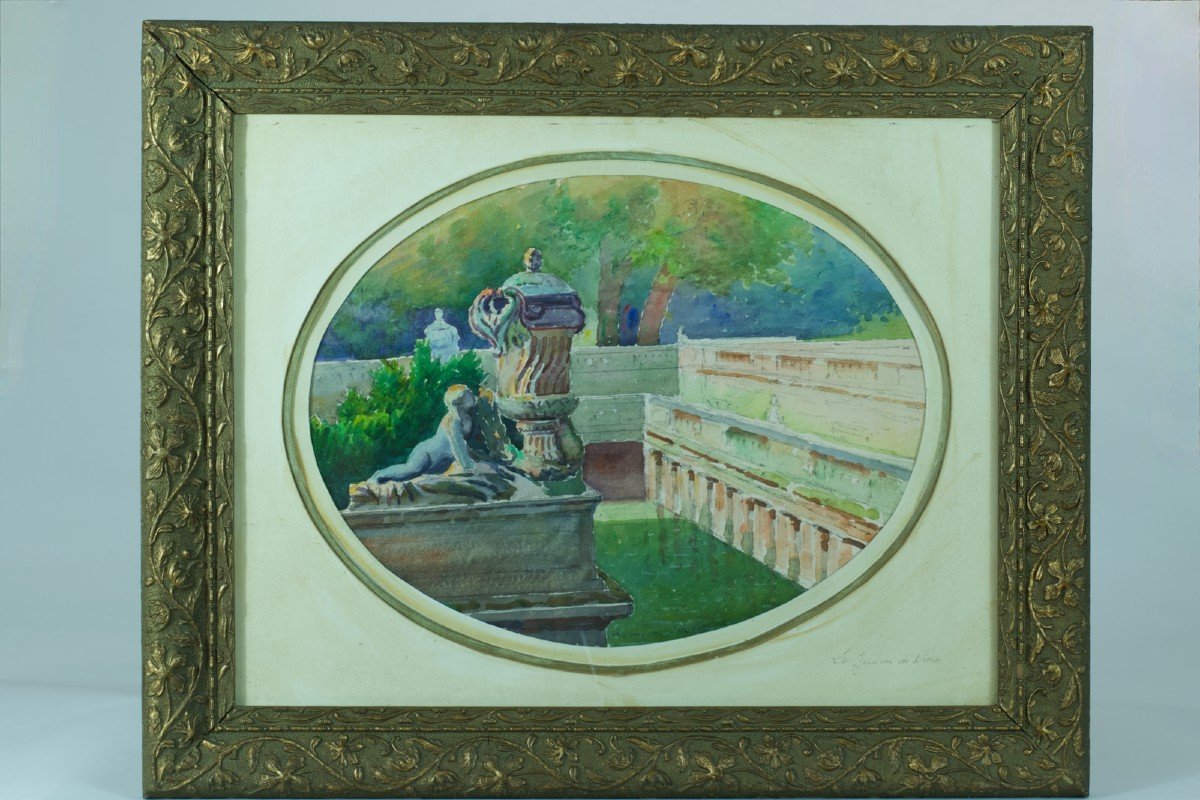 Romain Jouve Ancien Tableau Paysage Jardins De La Fontaine Nîmes Nymphée Vase -photo-2