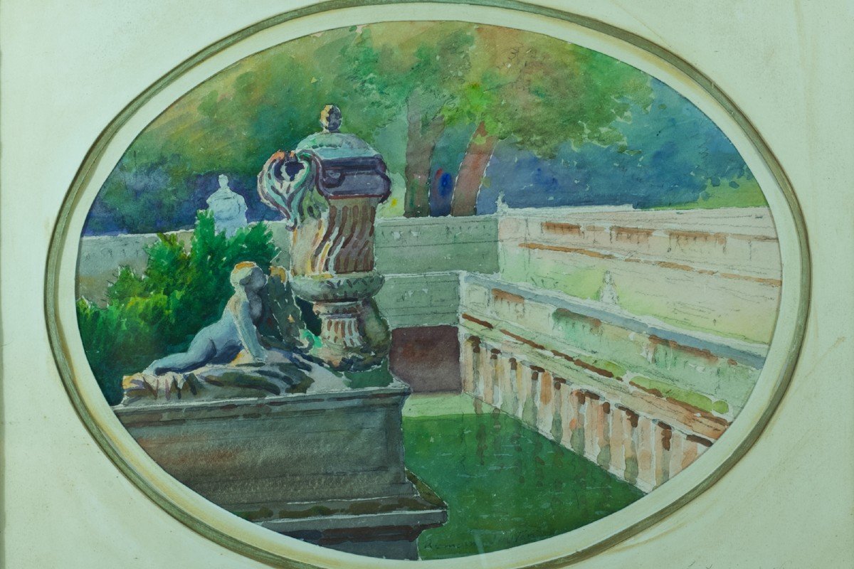 Old Painting Landscape Gardens Of The Fountain Nîmes Nymphaeum Roman Vase Jouve-photo-4