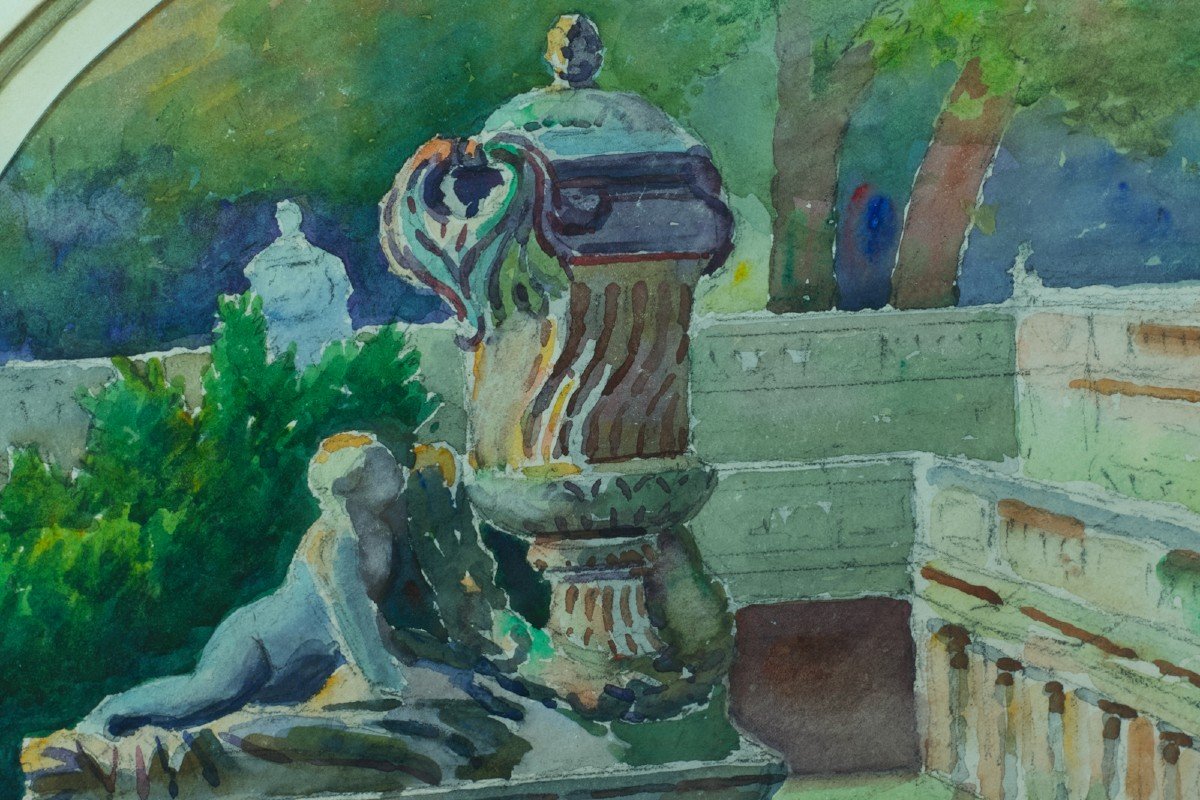 Romain Jouve Ancien Tableau Paysage Jardins De La Fontaine Nîmes Nymphée Vase -photo-1