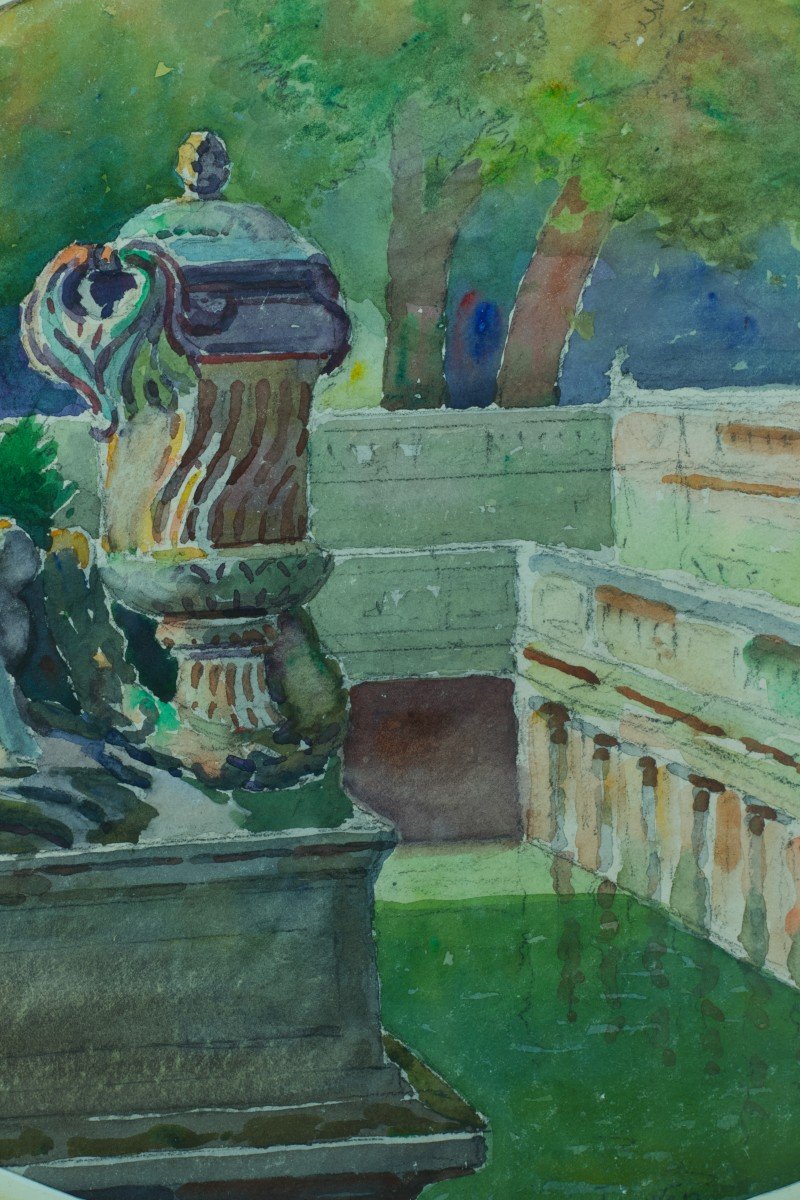 Old Painting Landscape Gardens Of The Fountain Nîmes Nymphaeum Roman Vase Jouve-photo-2