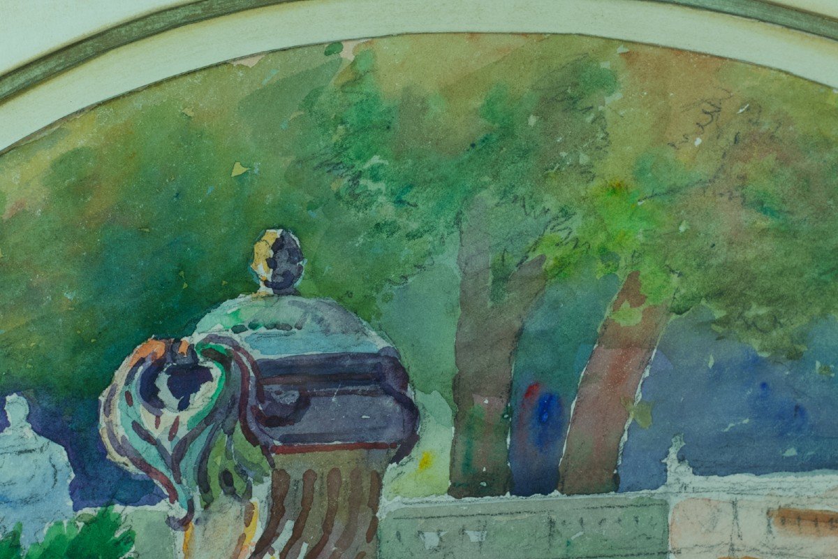 Romain Jouve Ancien Tableau Paysage Jardins De La Fontaine Nîmes Nymphée Vase -photo-3