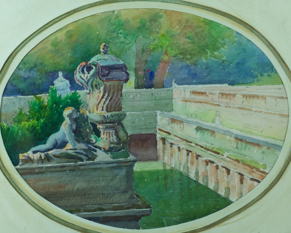 Romain Jouve Ancien Tableau Paysage Jardins De La Fontaine Nîmes Nymphée Vase 