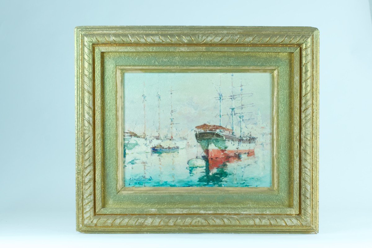 Gilbert Galland Beautiful Old Marine Painting Marseille The Old Port Boats 1900-photo-2