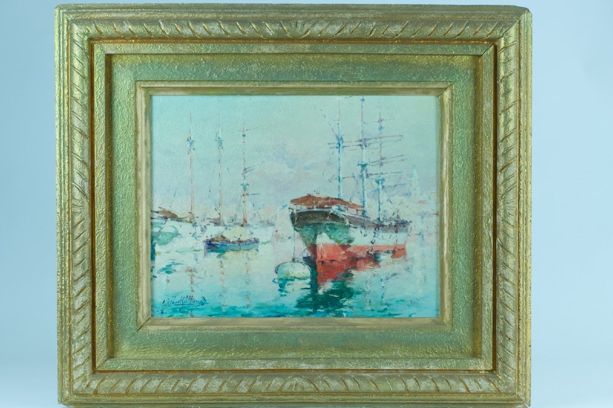 Gilbert Galland Beautiful Old Marine Painting Marseille The Old Port Boats 1900-photo-3