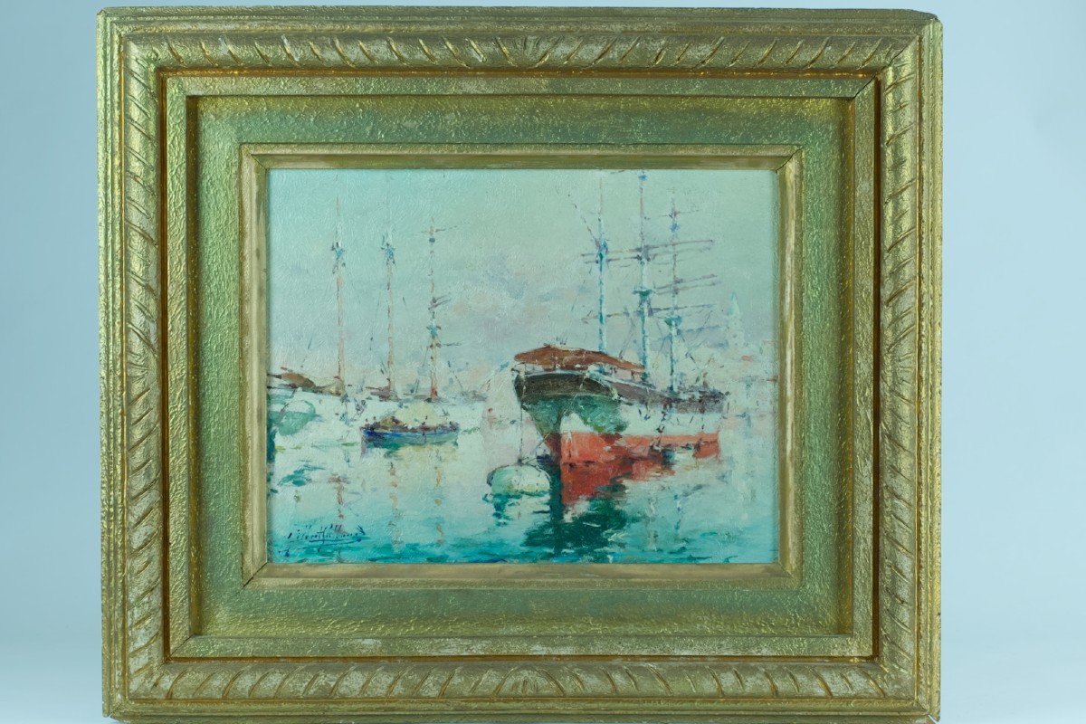 Gilbert Galland Beautiful Old Marine Painting Marseille The Old Port Boats 1900-photo-4