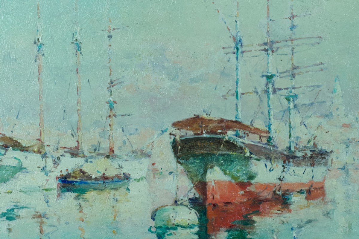 Gilbert Galland Beautiful Old Marine Painting Marseille The Old Port Boats 1900-photo-1