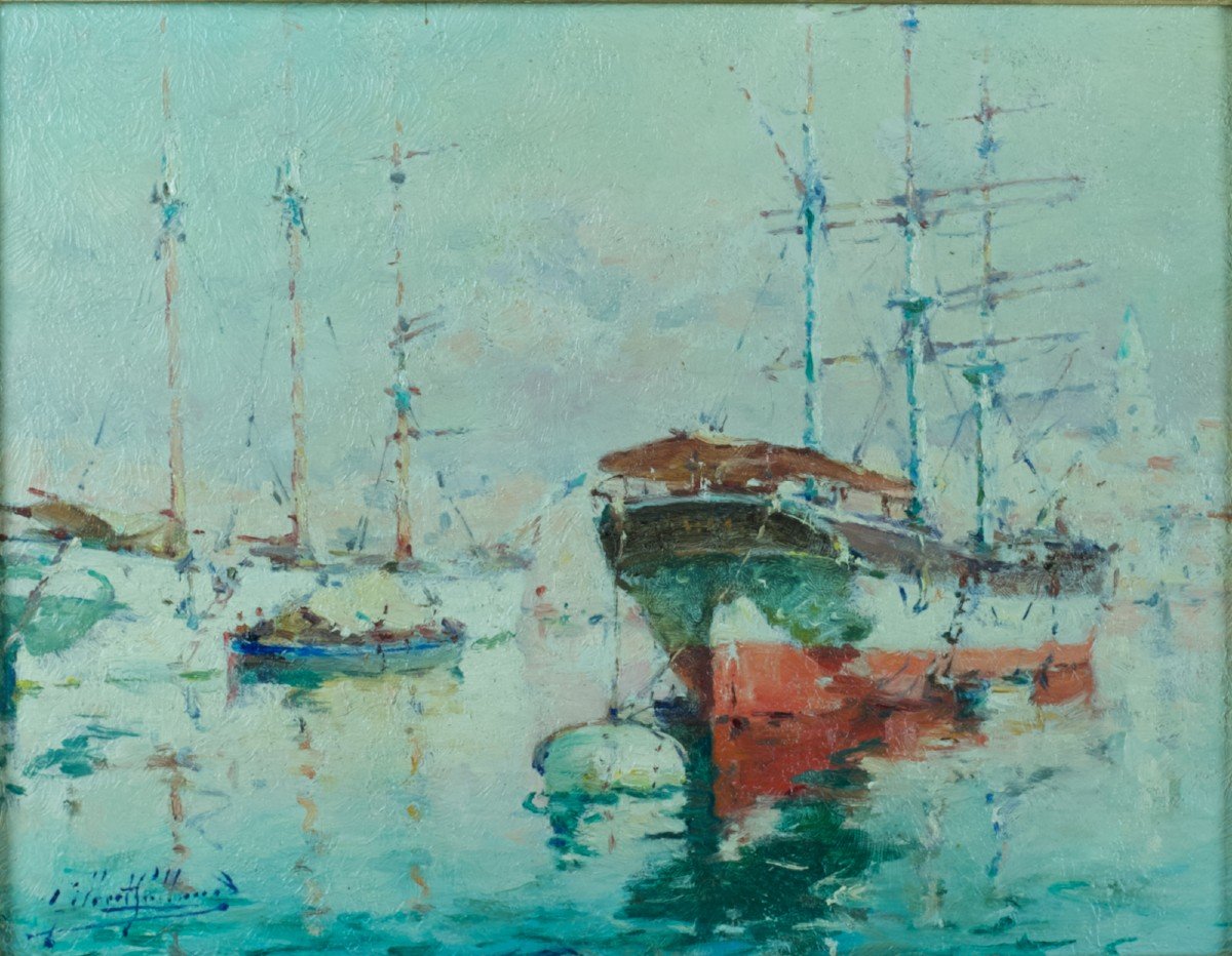 Gilbert Galland Beautiful Old Marine Painting Marseille The Old Port Boats 1900