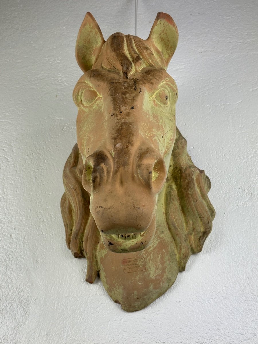 Old Large Terracotta Horse Head Sign Mandeville And Bernier Haras 19th Decor-photo-3