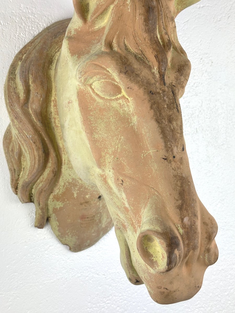 Old Large Terracotta Horse Head Sign Mandeville And Bernier Haras 19th Decor-photo-1