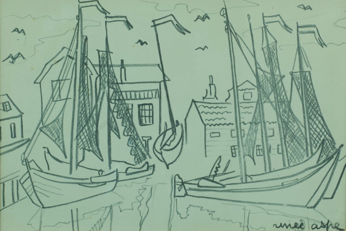 Renée Aspe Beau Dessin Marine Bord De Mer Bateau 1950 Toulouse Réalité Poétique-photo-3
