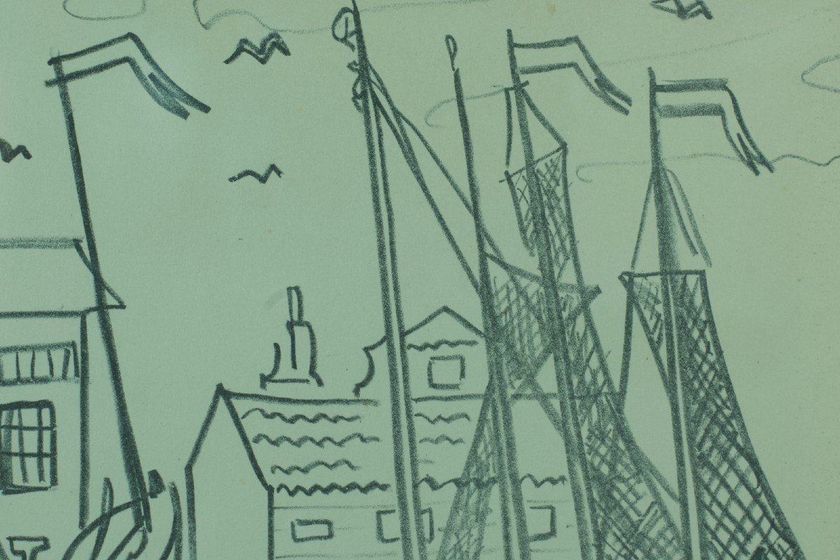 Renée Aspe Beau Dessin Marine Bord De Mer Bateau 1950 Toulouse Réalité Poétique-photo-1