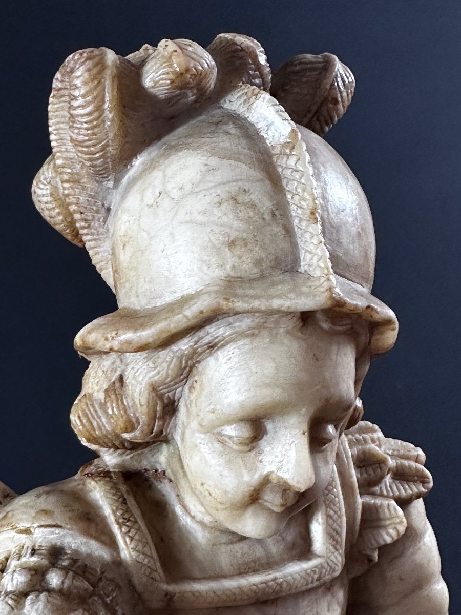 Ancienne Grande Sculpture  Saint Michel Terrassant Le Dragon Albâtre 17e Sculpture Espagne Démon -photo-5