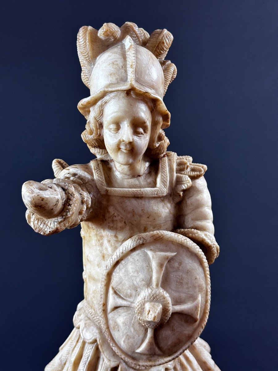 Ancienne Grande Sculpture  Saint Michel Terrassant Le Dragon Albâtre 17e Sculpture Espagne Démon 
