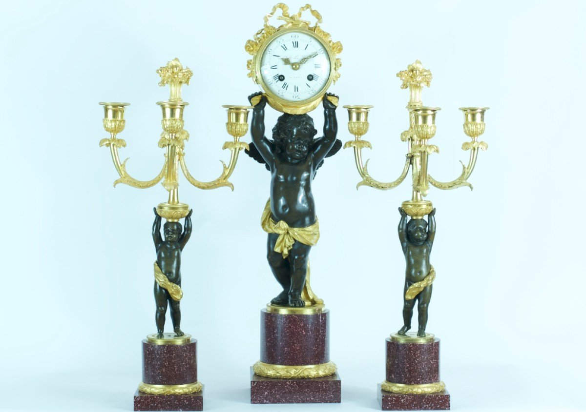 Henry Dasson Old Clock Signed Gilt Bronze Porphyry Love Angel Trim-photo-2