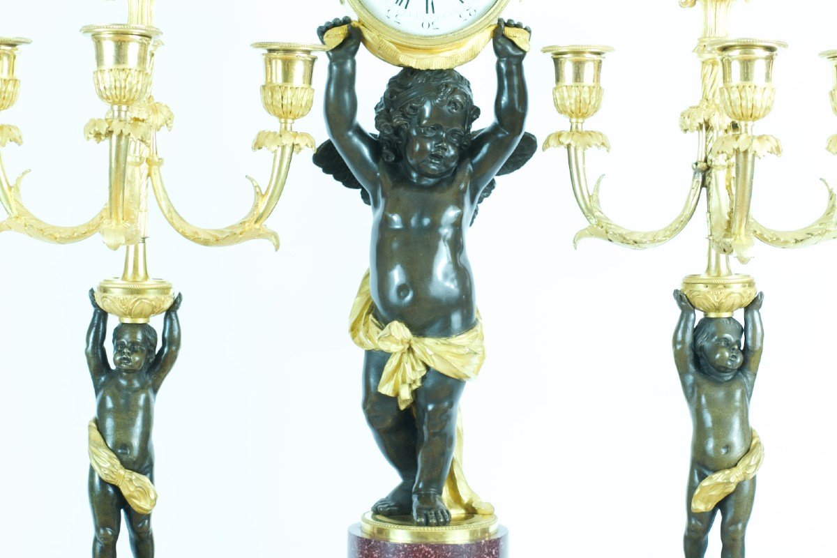 Henry Dasson Old Clock Signed Gilt Bronze Porphyry Love Angel Trim-photo-3