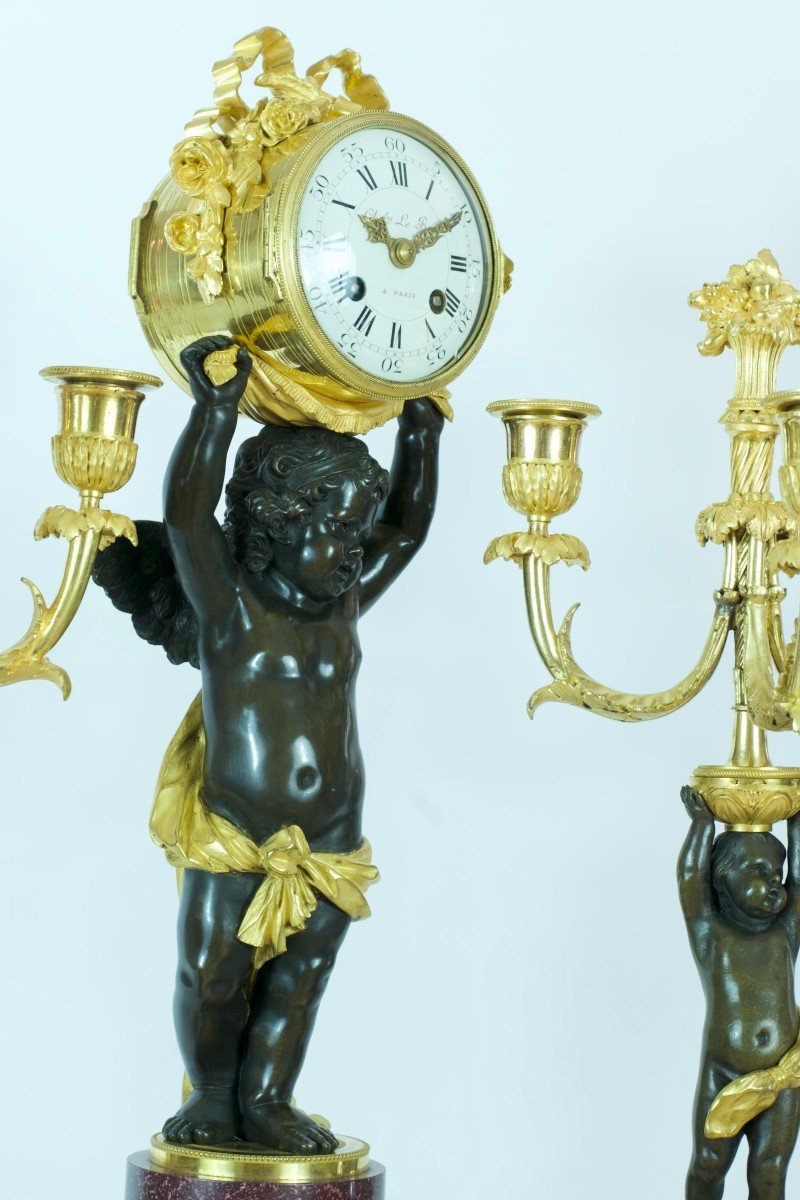 Henry Dasson Ancienne Pendule Signée  Bronze Doré Porphyre Amour Ange Garniture-photo-5