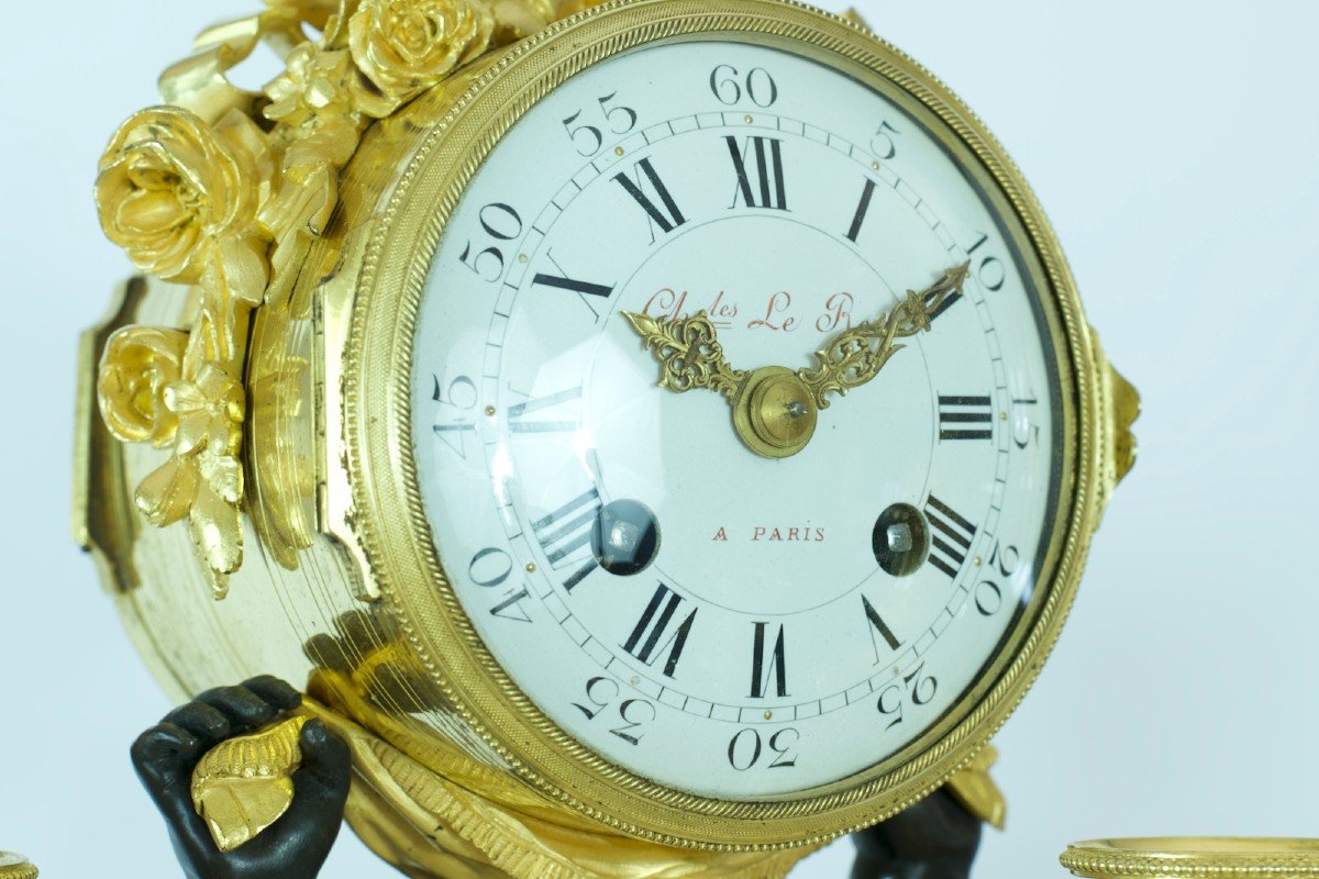 Henry Dasson Old Clock Signed Gilt Bronze Porphyry Love Angel Trim-photo-6