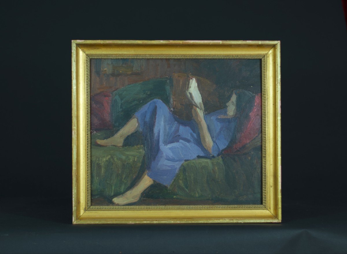 Roger Parent Old Painting Portrait Young Woman Reading Divan 1900 Paris Art