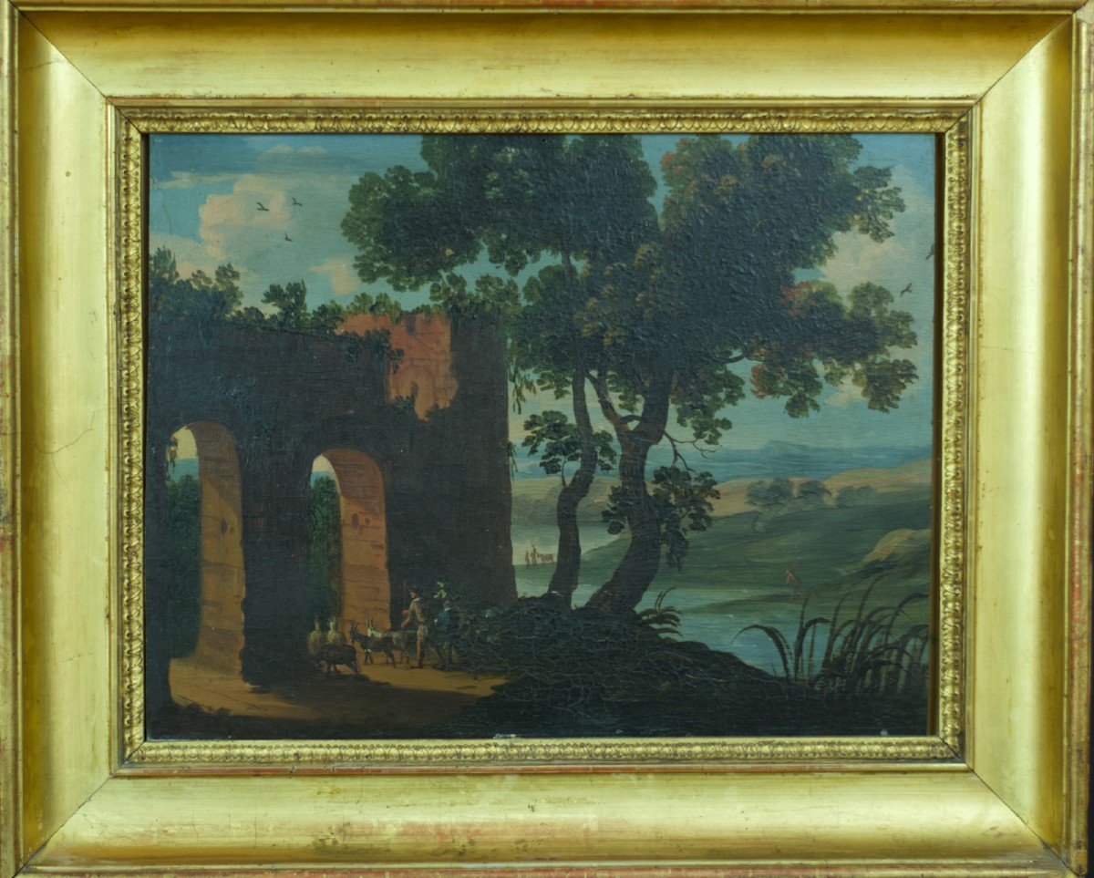 Tableau Ancien Paysage Italien Ruine Romaine Antique  Animé Sv Jan Asselijn  18e