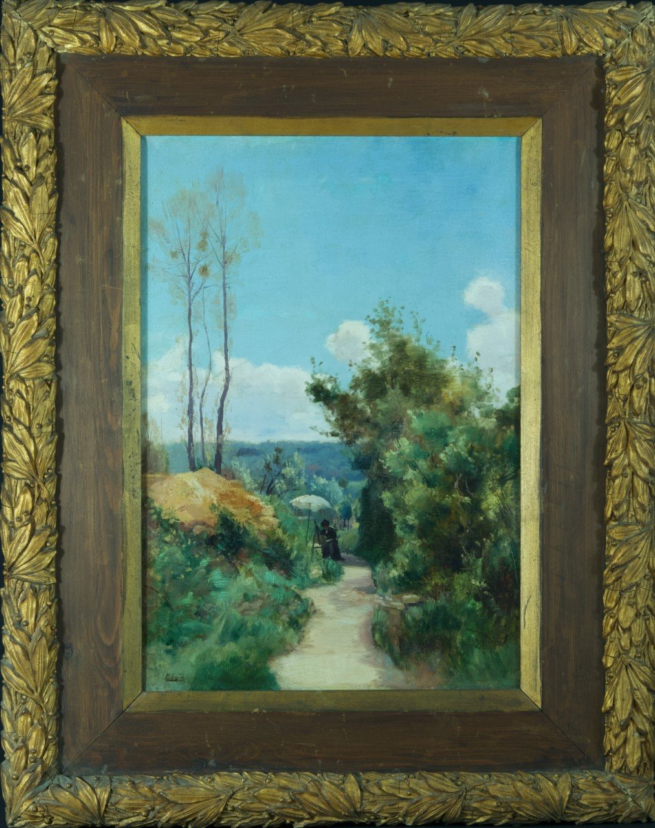 Paul Saïn Beau Tableau Ancien  Avignon Portrait Peintre Paysage Motif Ombrelle 19 ème hst-photo-2