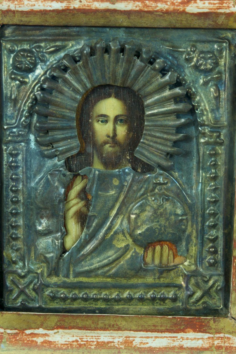 Ancienne  Icône Russe Voyage Coffret Vitrine Vierge à l'Enfant Christ Pantocrator  X  2-photo-2