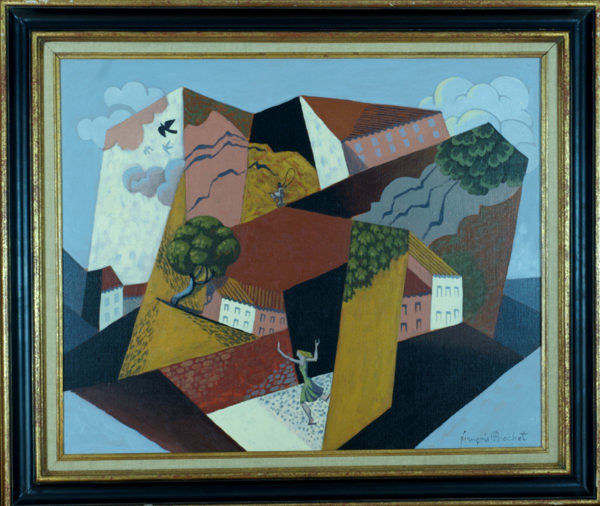 François Brochet Beautiful Cubist Metaphysical Painting Animated Landscape Le Corbusier De Chirico Hst