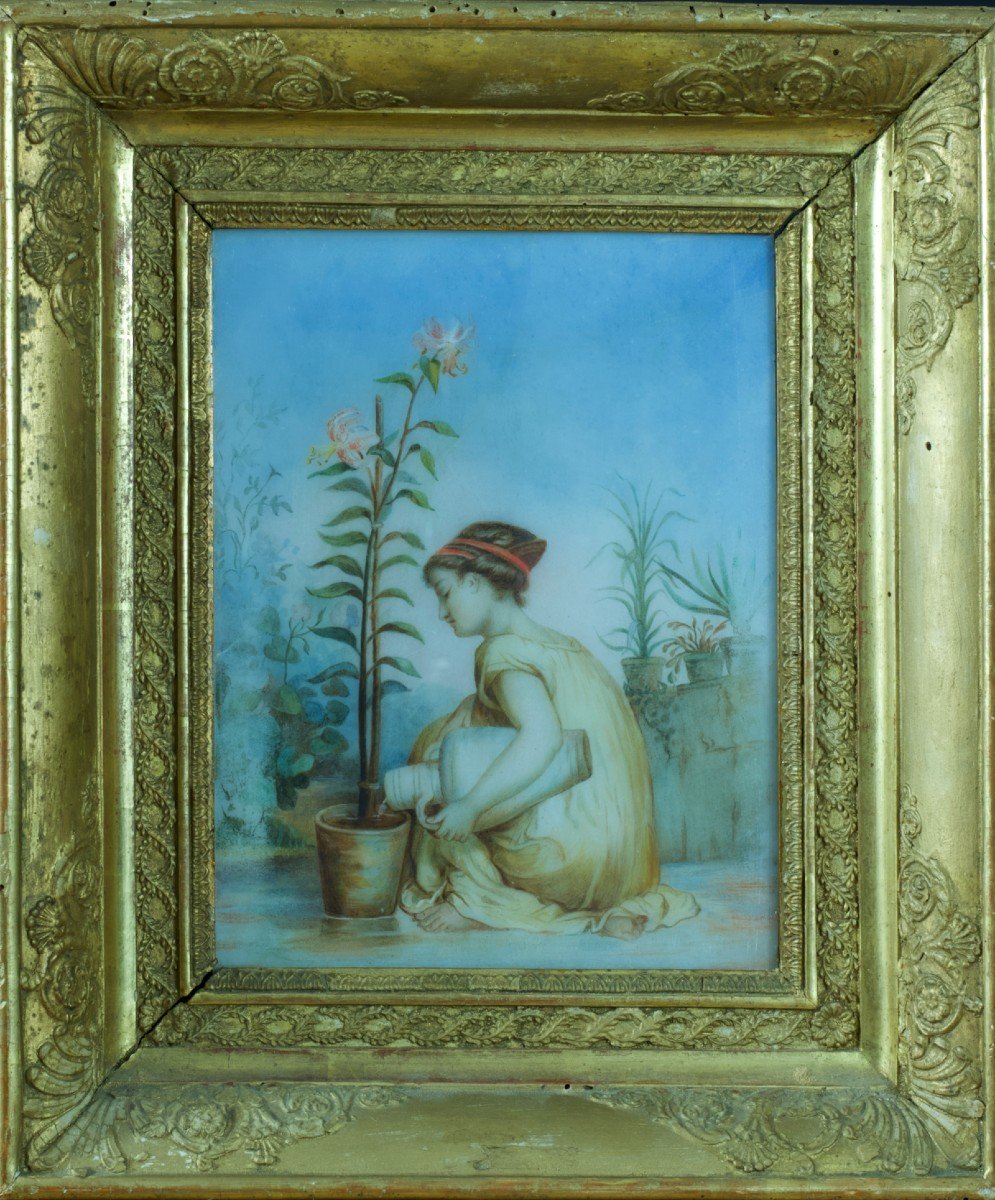 Rare Old Painting Young Greek Portrait And Lily Allegory Fertility Marble Garden 19th-photo-2