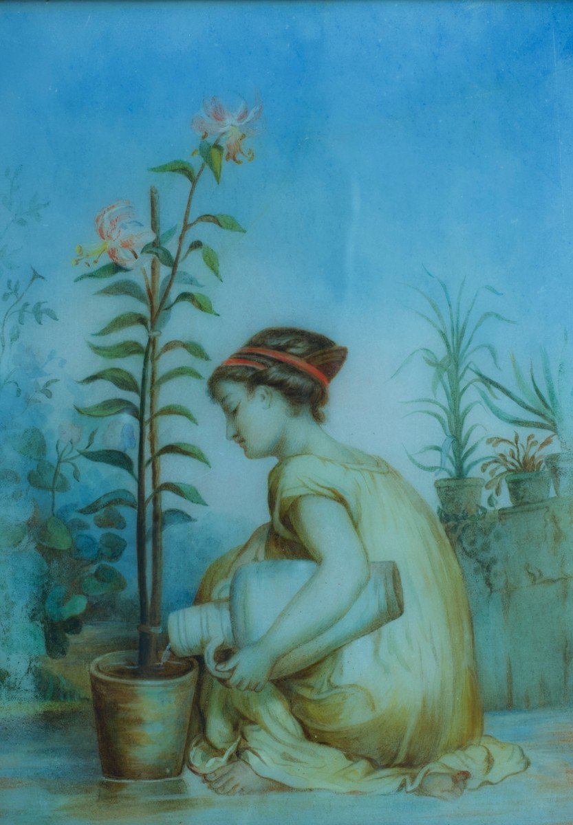 Rare Tableau Ancien Portrait Jeune femme Grecque Et Lys Allégorie Fécondité Marbre Jardin 19e-photo-4