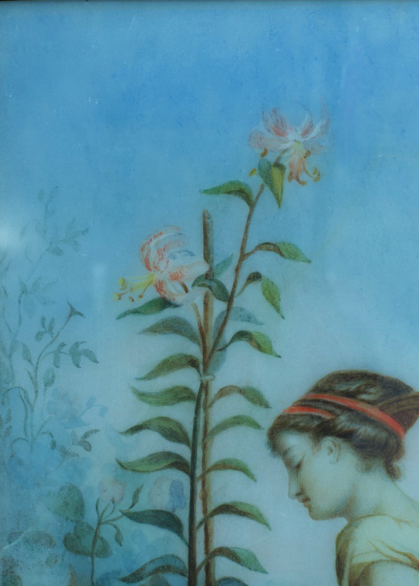 Rare Old Painting Young Greek Portrait And Lily Allegory Fertility Marble Garden 19th-photo-1