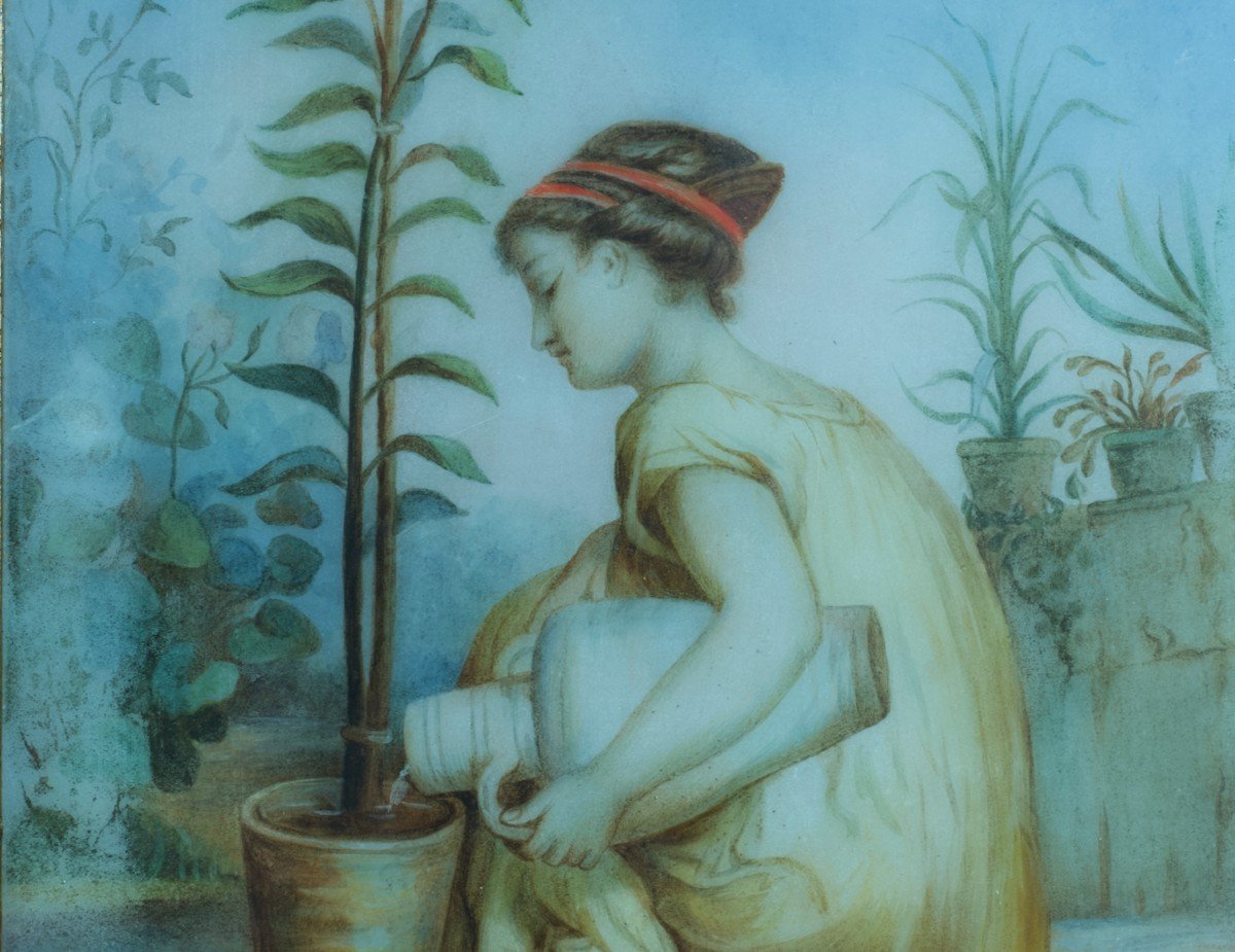 Rare Tableau Ancien Portrait Jeune femme Grecque Et Lys Allégorie Fécondité Marbre Jardin 19e-photo-3