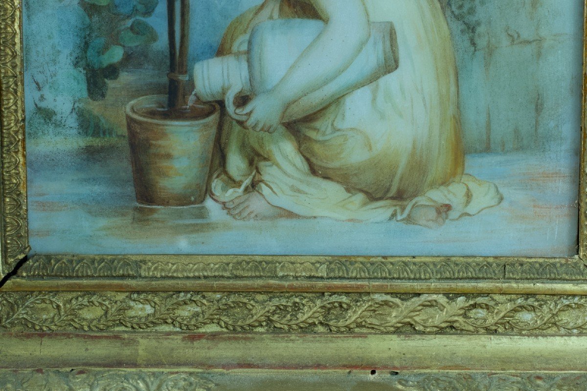 Rare Old Painting Young Greek Portrait And Lily Allegory Fertility Marble Garden 19th-photo-4