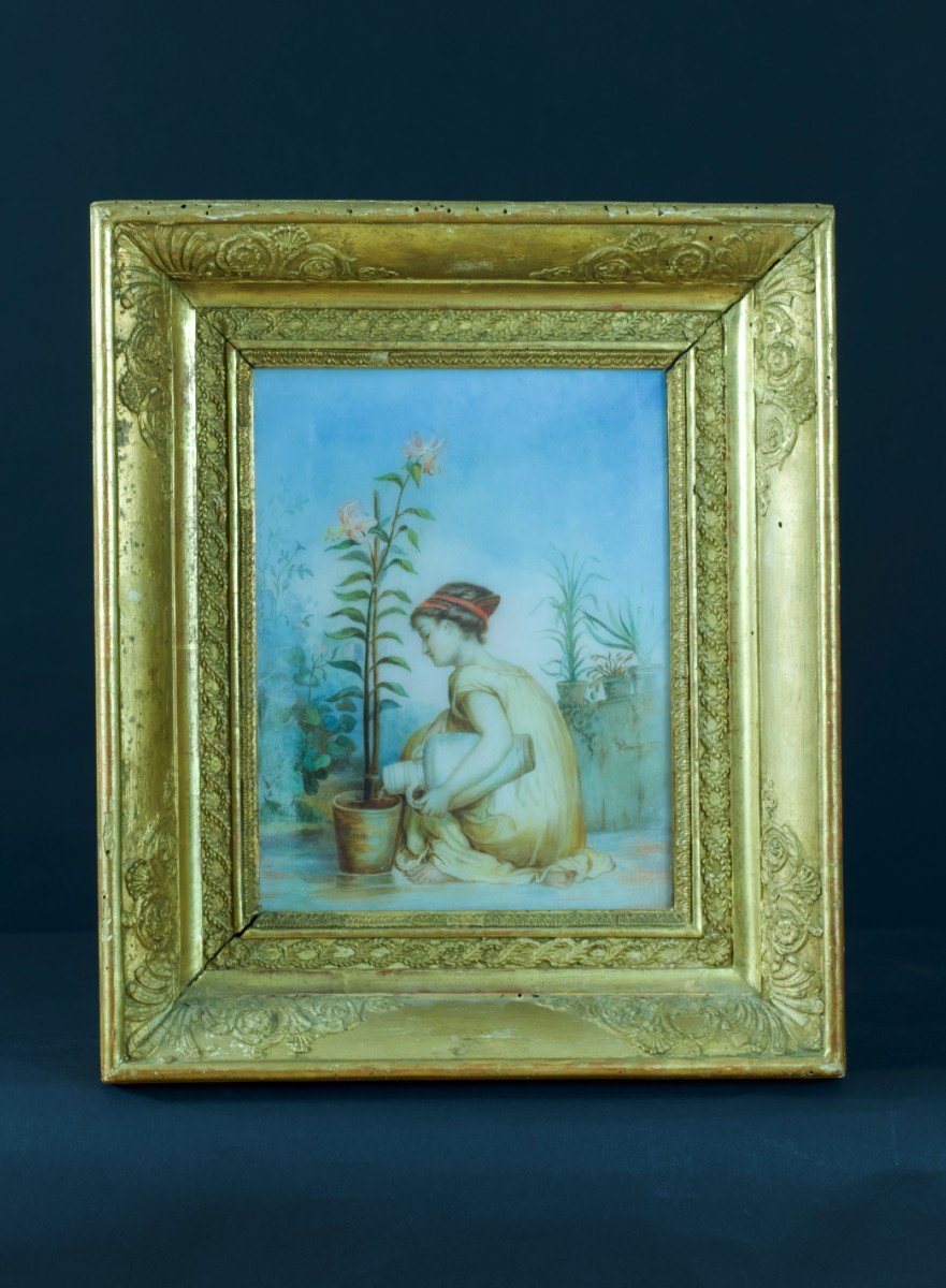 Rare Old Painting Young Greek Portrait And Lily Allegory Fertility Marble Garden 19th-photo-6