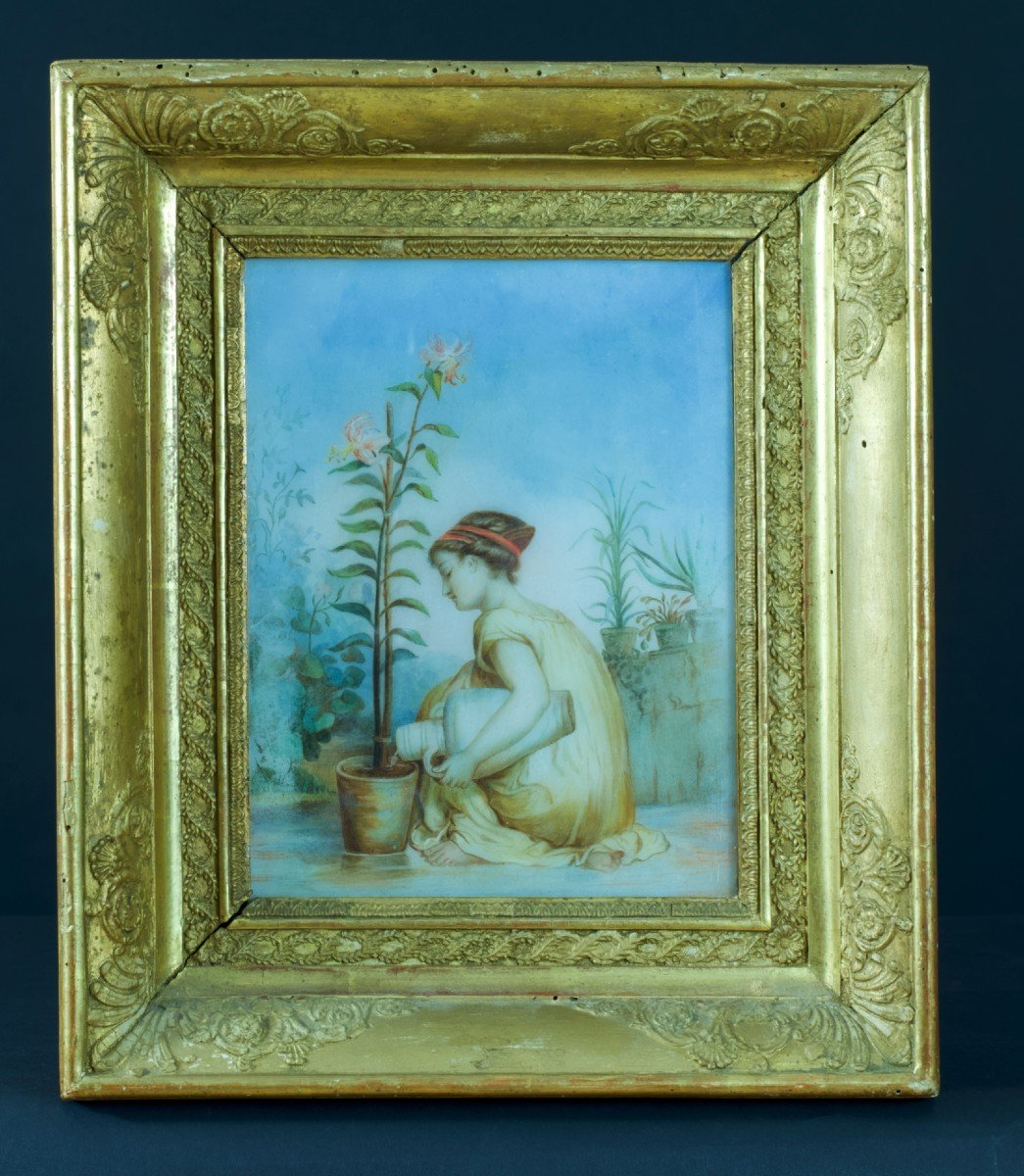 Rare Old Painting Young Greek Portrait And Lily Allegory Fertility Marble Garden 19th