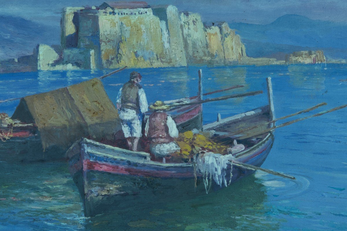 Scognamiglio Beautiful Old Marine Painting Naples Boats Castel Dell'ovo Vesuvius X2-photo-2