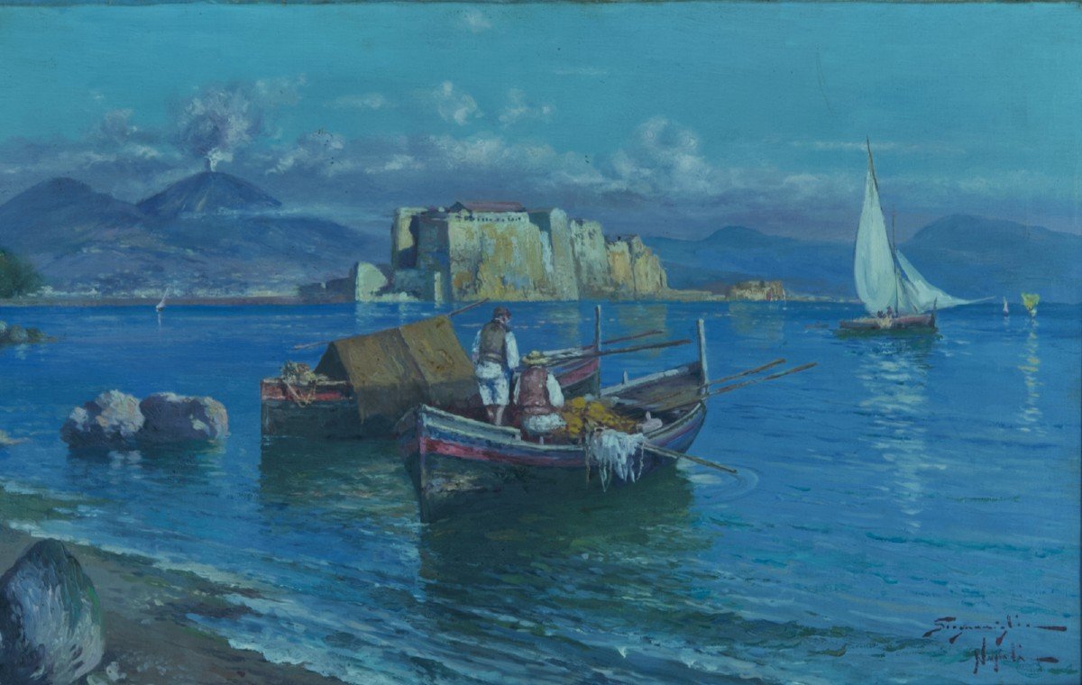 Scognamiglio Beautiful Old Marine Painting Naples Boats Castel Dell'ovo Vesuvius X2-photo-1