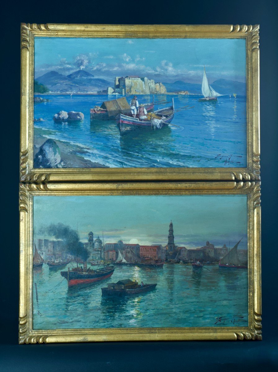 Scognamiglio Beautiful Old Marine Painting Naples Boats Castel Dell'ovo Vesuvius X2