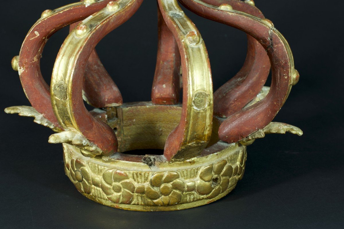 Large Crown Of Ancient Statue In Golden Wood From The 18th Virgin 41 Cm-photo-3