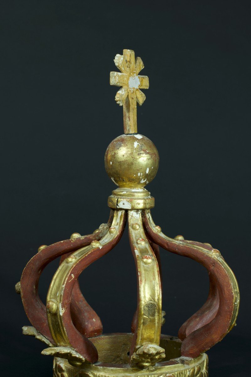 Large Crown Of Ancient Statue In Golden Wood From The 18th Virgin 41 Cm-photo-1