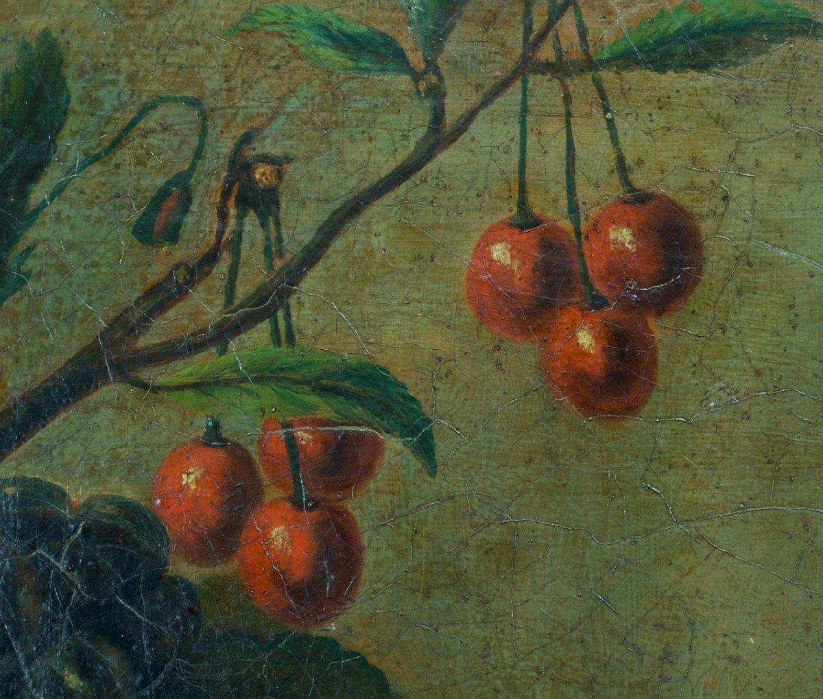 Tableau Ancien Nature Morte Aux Cerises Panier Fruits Bodegón Style 17 ème Hst