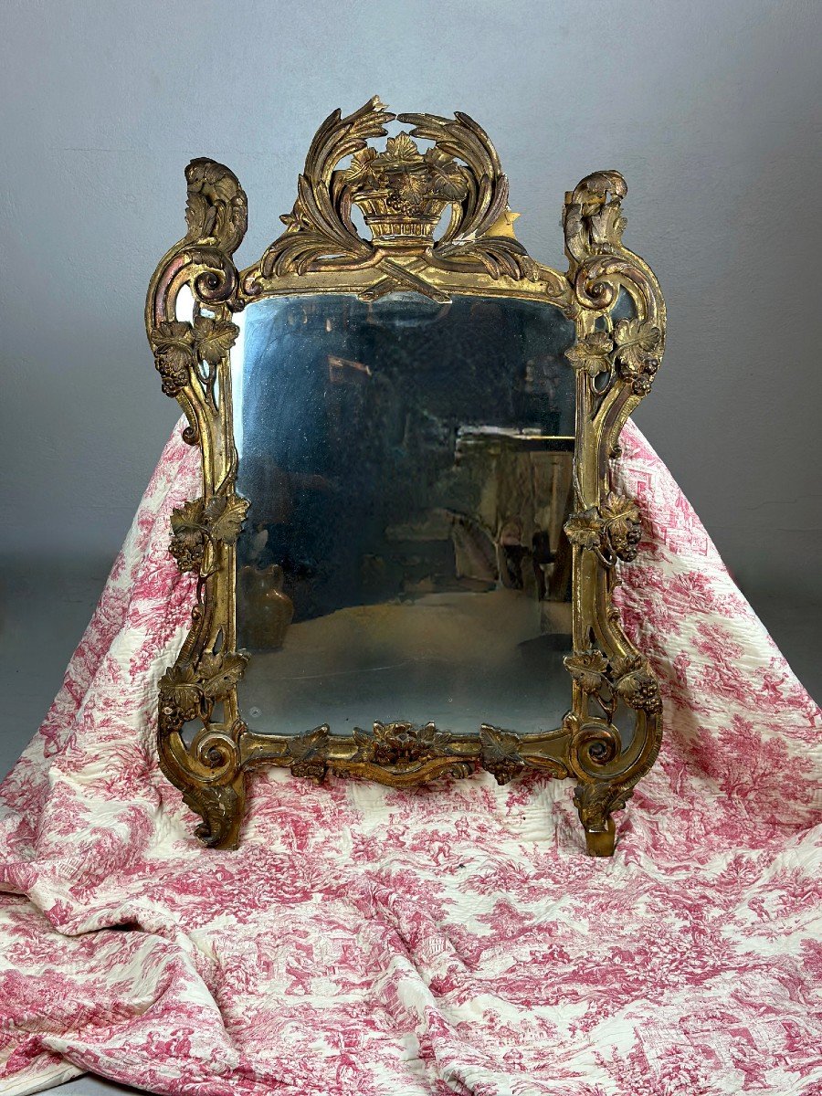 Ancien Beau Miroir d'époque 18 ème  Provence  Parclose Bois Doré Décoration raisins  120 cm -photo-2