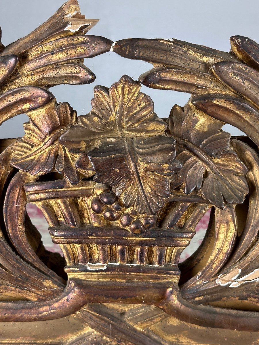 Ancien Beau Miroir d'époque 18 ème  Provence  Parclose Bois Doré Décoration raisins  120 cm -photo-1