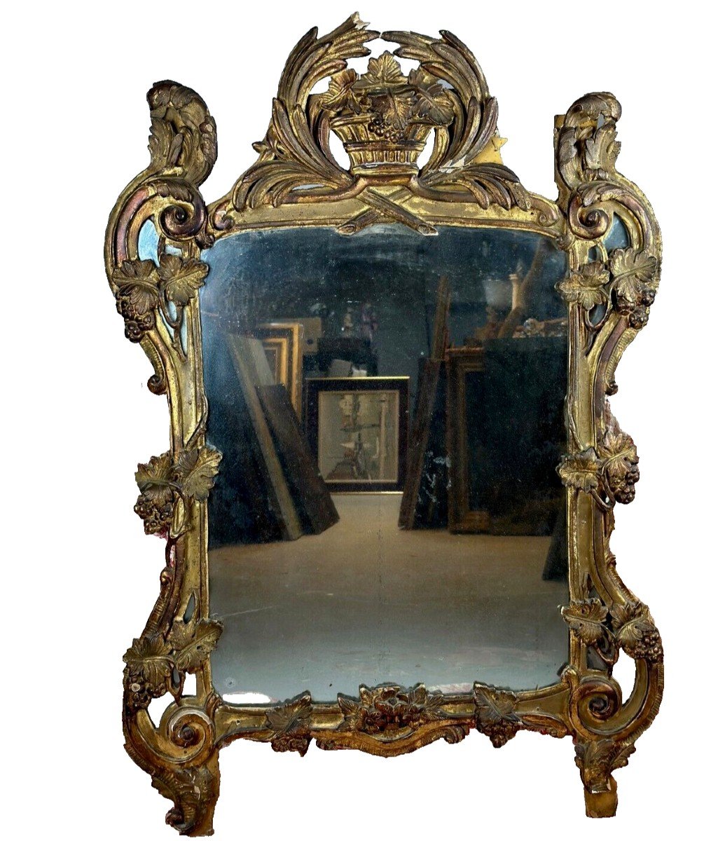 Ancien Beau Miroir d'époque 18 ème  Provence  Parclose Bois Doré Décoration raisins  120 cm 