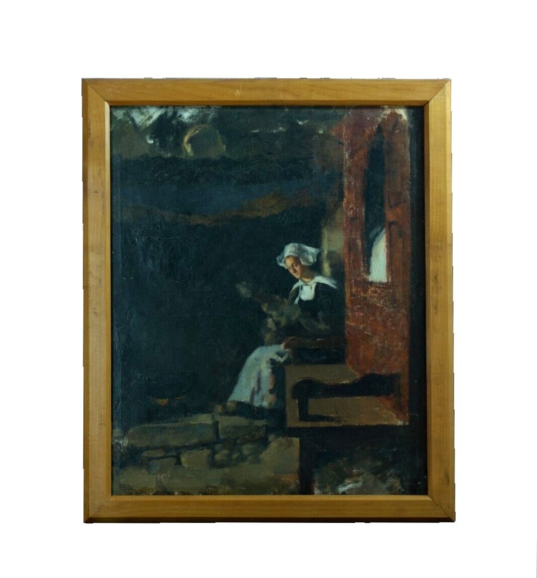 Eugène Decisy Beautiful Old Painting Portrait Of Young Woman The Spinner 19th Hst-photo-1