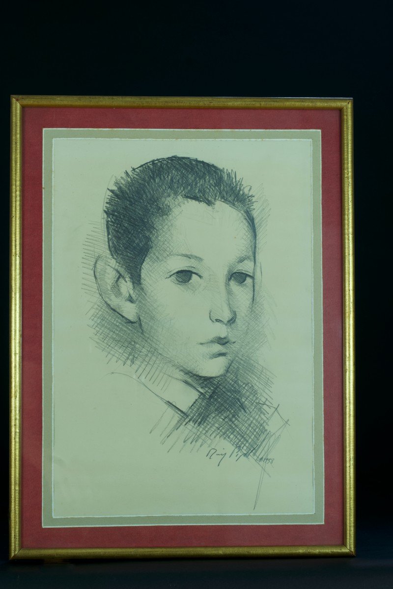 Manolo Ruiz Pipo Rare Old Painting Drawing Portrait Of Young Boy 1958 Agen-photo-2