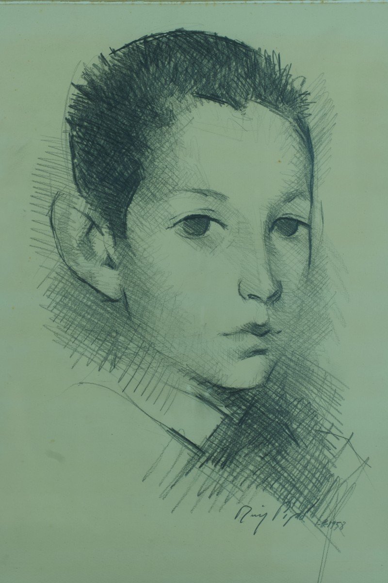 Manolo Ruiz Pipo Rare Old Painting Drawing Portrait Of Young Boy 1958 Agen-photo-3