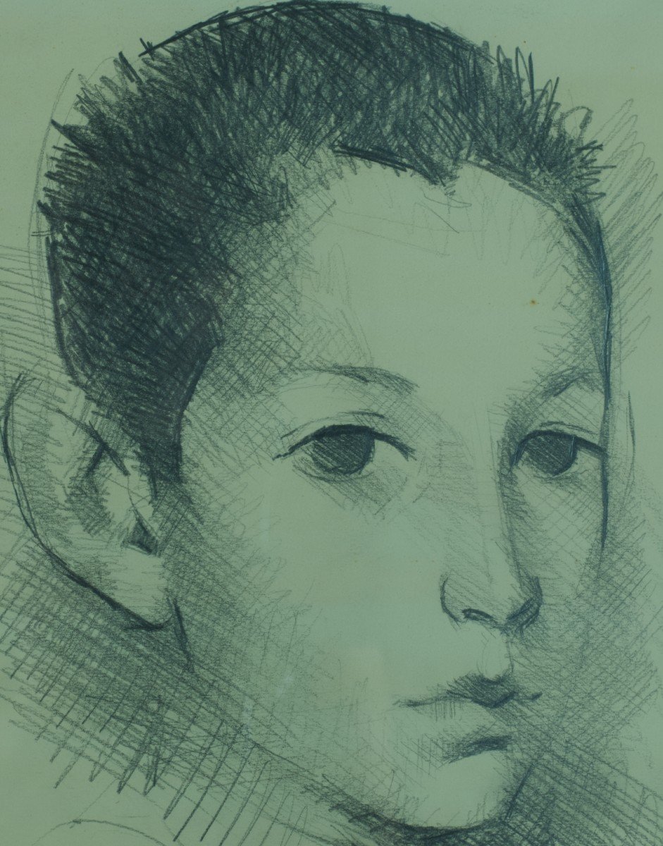 Manolo Ruiz Pipo Tableau Ancien Rare Dessin Portrait De Jeune Garçon  1958 Agen-photo-4
