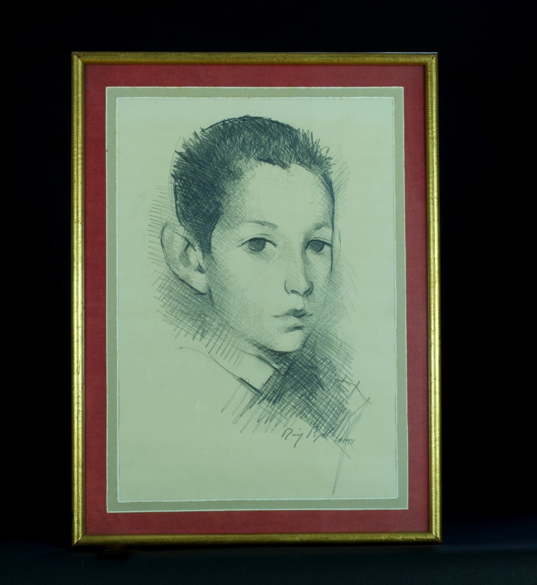 Manolo Ruiz Pipo Rare Old Painting Drawing Portrait Of Young Boy 1958 Agen-photo-5